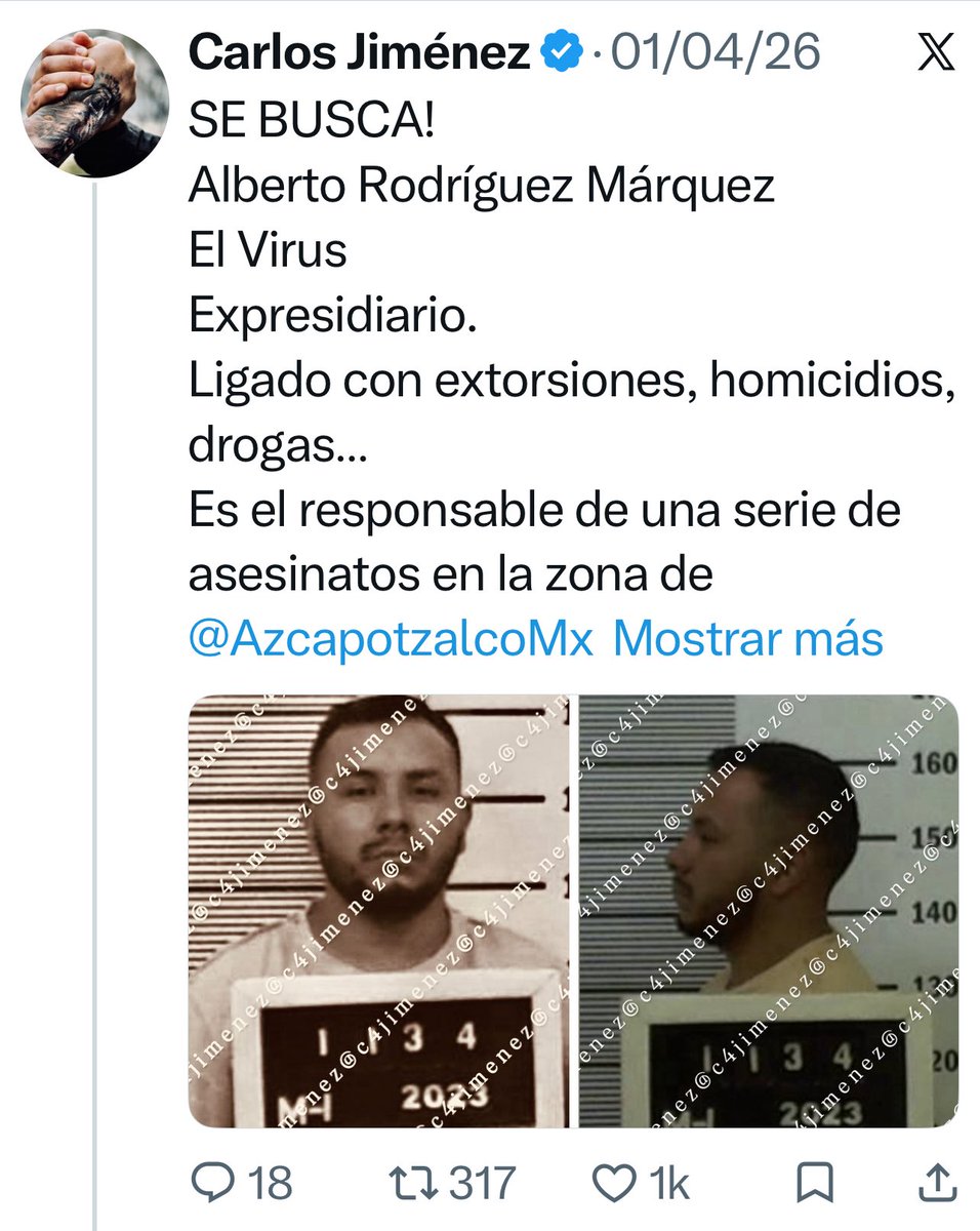 c4jimenez's tweet photo. CAE EL VIRUS
Alberto Rodríguez Márquez
El Virus
Responsable de una ola de ejecuciones y tiroteos en @AzcapotzalcoMx 
Trafica, extorsiona…
Agentes de @SSPCMexico y @SSC_CDMX lo ubicaron y detuvieron en @gobiernohidalgo 
@FiscaliaCDMX lo tenía como objetivo prioritario.
Así lo exhibimos hace meses
Así cayó