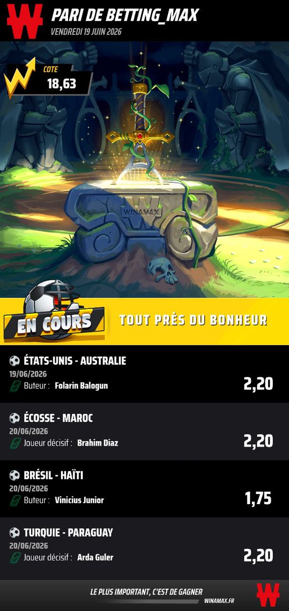 BETTINGMAXX's tweet photo. ⭐ COUPE DU MONDE #CDM - 20/05🗓️

🇺🇸 BALOGUN : BUTEUR 💥

🇲🇦 BRAHIM DIAZ : DÉCISIF ✨

🇧🇷 VINICIUS JR : BUTEUR ⚡

🇹🇷 ARDA GULER : DÉCISIF 🪄

🤯 5 VIP de 1 Mois Offert si ça passe pour ceux qui ont RT 🔄 OU ❤️ !!

👇Canal Public👇
https://t.co/lI7GAbRAkB https://t.co/xXFrmgRqCn