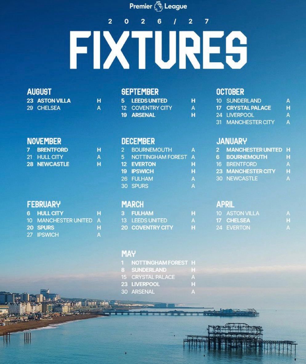 AlbionInsight's tweet photo. 2026/27 fixture list is out! Undoubtedly a lot of these will move for Sky, BT, Thursday nights but here’s a first draft! #BHAFC https://t.co/y5MQ7xol8V