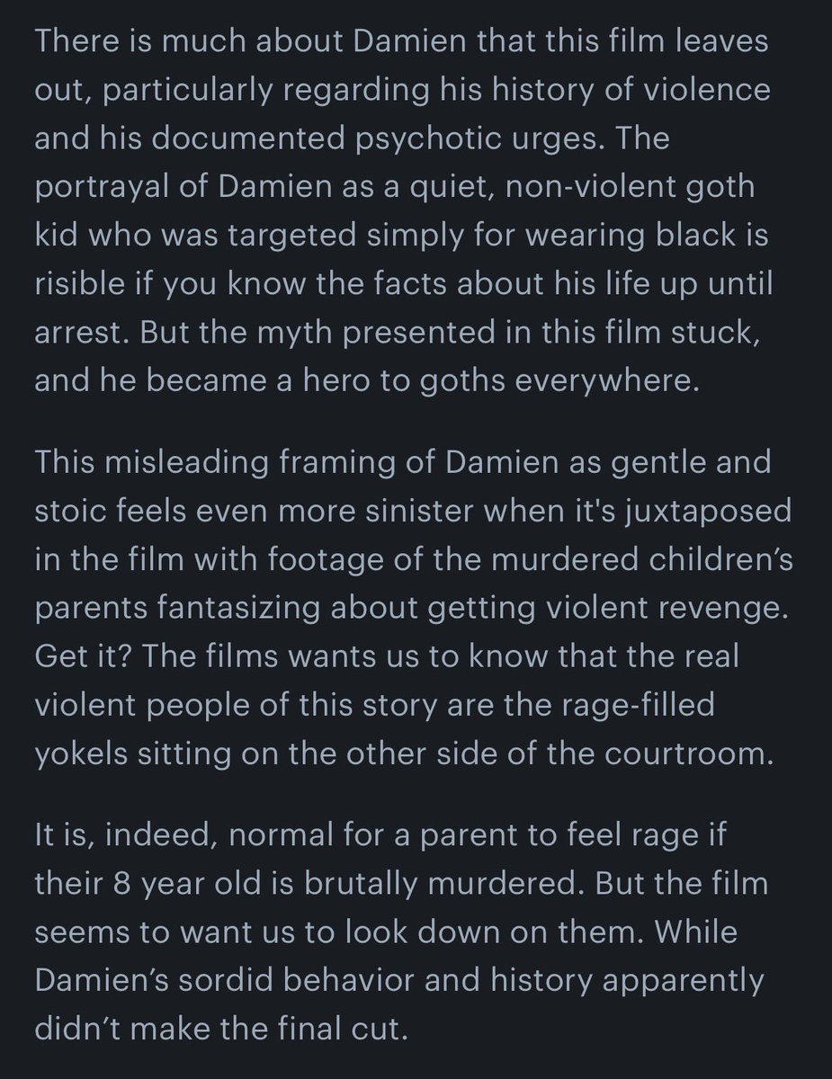 brandonclarkson's tweet photo. @MuseZack @Jilderness I watched the film for the first time recently and had a similar reaction. Although I don’t think the WM3 are guilty, the portrayal of them in the doc really irked me. I touched on a bit on that in my Letterboxd review. https://t.co/lUzO2nq9q5