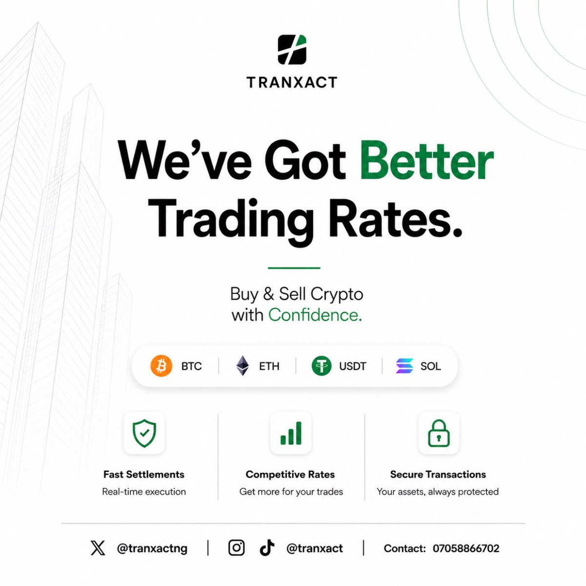 tranxactng's tweet photo. Whether you’re buying Bitcoin, selling USDT, or swapping crypto, getting a fair rate matters.

That’s why we’re building Tranxact a simpler way to trade digital assets without the usual stress.

Ready to trade? Link in bio.

Follow the journey. 🚀 https://t.co/IdNfADBE6B