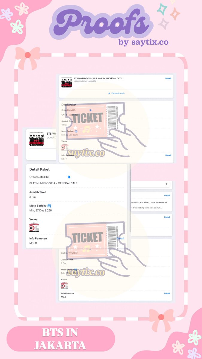 saytix_co's tweet photo. SECURED BTS IN JAKARTA DAY 1 &amp; DAY 2
✤  3 tix Cat 3 D1, 4 tix Cat 3 D2, &amp; 2 tix Platinum Floor A D2

Thank you for trusting us!💞
#proofsbysayjastip https://t.co/MwrRX8VQo6