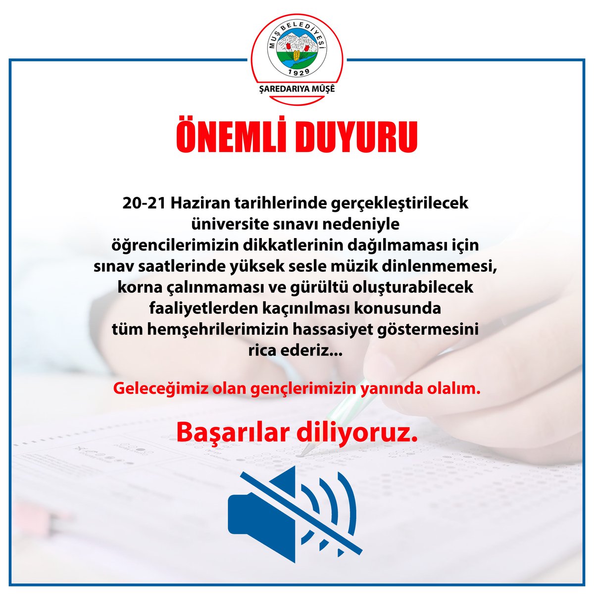 mus_bld's tweet photo. 📚Bu hafta sonu gerçekleştirilecek Yükseköğretim Kurumları Sınavı’na (YKS) katılacak tüm öğrencilerimize başarılar diliyoruz.

Uzun ve emek dolu bir hazırlık sürecinin ardından sınava girecek olan gençlerimizin emeklerinin karşılığını almasını temenni ediyoruz.

Başarılar https://t.co/clTpHbBVtN