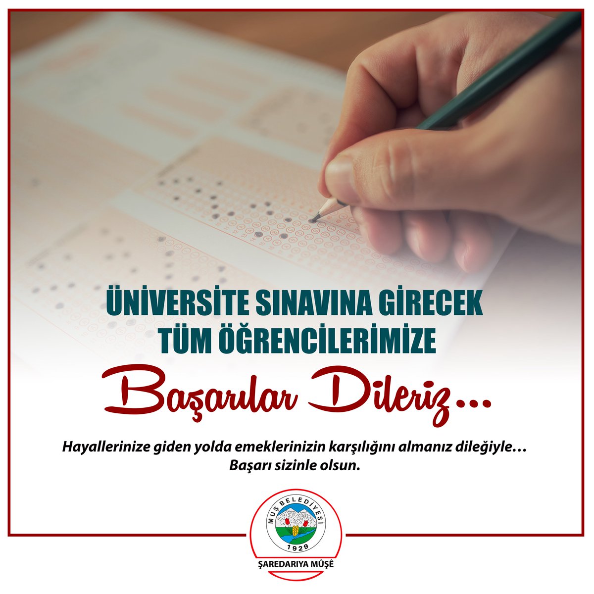 mus_bld's tweet photo. 📚Bu hafta sonu gerçekleştirilecek Yükseköğretim Kurumları Sınavı’na (YKS) katılacak tüm öğrencilerimize başarılar diliyoruz.

Uzun ve emek dolu bir hazırlık sürecinin ardından sınava girecek olan gençlerimizin emeklerinin karşılığını almasını temenni ediyoruz.

Başarılar https://t.co/clTpHbBVtN