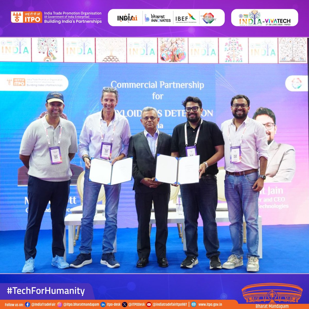 ITPODesk's tweet photo. Day 3 at the India Pavilion, #VivaTech2026

ITPO facilitated a platform for constructive business engagement, leading to the signing of an MoU between Mycor and Sunfox Technologies for a commercial partnership on Amyloidosis Detection via SPANDAN.

The agreement was signed between Dipl. Oec. Markus Ott, Co-founder, Mycor, and Rajat Jain, Founder & CEO, Sunfox Technologies, marking a significant step towards strengthening international business collaboration through the India Pavilion.

The India Pavilion continues to serve as a catalyst for fostering global partnerships, connecting enterprises, and creating opportunities for innovation-driven growth.

Stay tuned for more updates.

#IndiaPavilion #VivaTech2026 #ITPO #MoU #CommercialPartnership #GlobalPartnerships #BusinessCollaboration

@mygovindia @PMOIndia @PIB_India @DoC_GoI @MEAIndia @EduMinOfIndia @GoI_MeitY @PiyushGoyal @PiyushGoyalOffc @OfficialINDIAai @_DigitalIndia @startupindia @IndiaembFrance @FranceinIndia @JawedAshraf5 @premjitlal @VivaTech