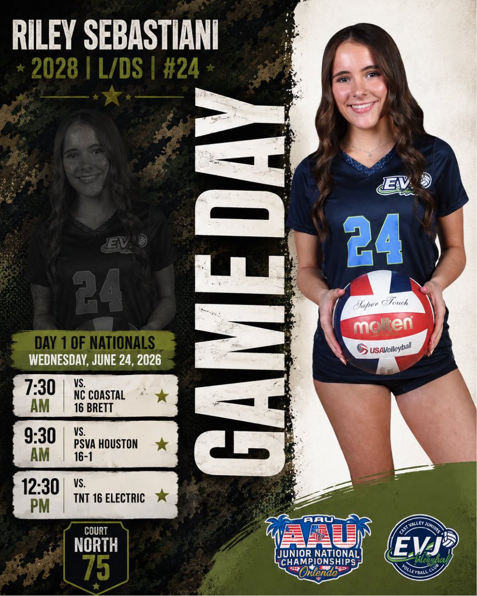 rileysebas_vb24's tweet photo. Ready 4 Battle 🪖 AAU Nationals is only 5 days away, and I’m excited to get to Orlando and compete against top talent across the country. Grateful for the opportunity, excited for the challenge, and ready to leave it all in the court. 2028 L/DS | #24 https://t.co/2o12J7ah6J