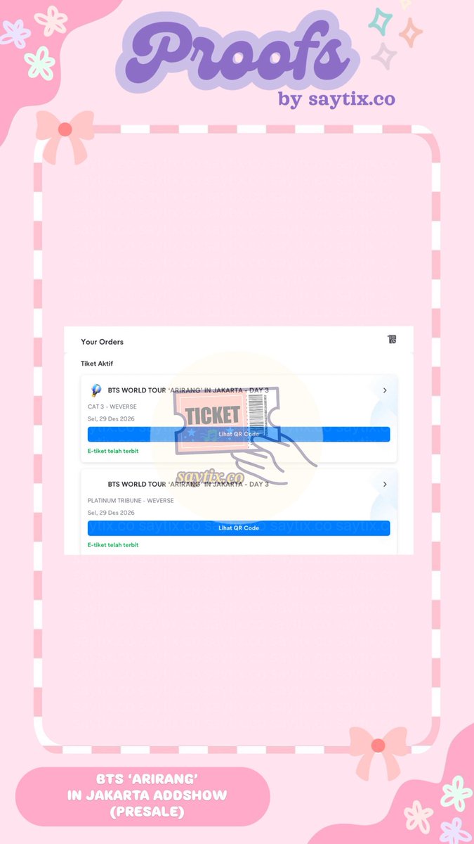 saytix_co's tweet photo. SECURED BTS ‘ARIRANG’ ADDSHOW IN JAKARTA DAY 3
✤  1 tix Platinum Tribune &amp; 1 tix Cat 3

Thank you for trusting us!💞
#proofsbysayjastip #proofsbysaytix.co https://t.co/3vzVnoxHAd