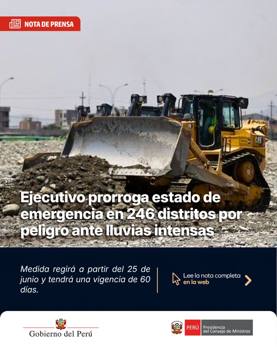 pcmperu's tweet photo. #PCMInforma | Se amplió el estado de emergencia por 60 días en localidades de 14 regiones, a fin de reforzar las acciones preventivas y de respuesta ante las intensas precipitaciones.

Conoce más en la #NotaDePrensa: https://t.co/DLwa1ZzwbR https://t.co/ovlioWUkxU