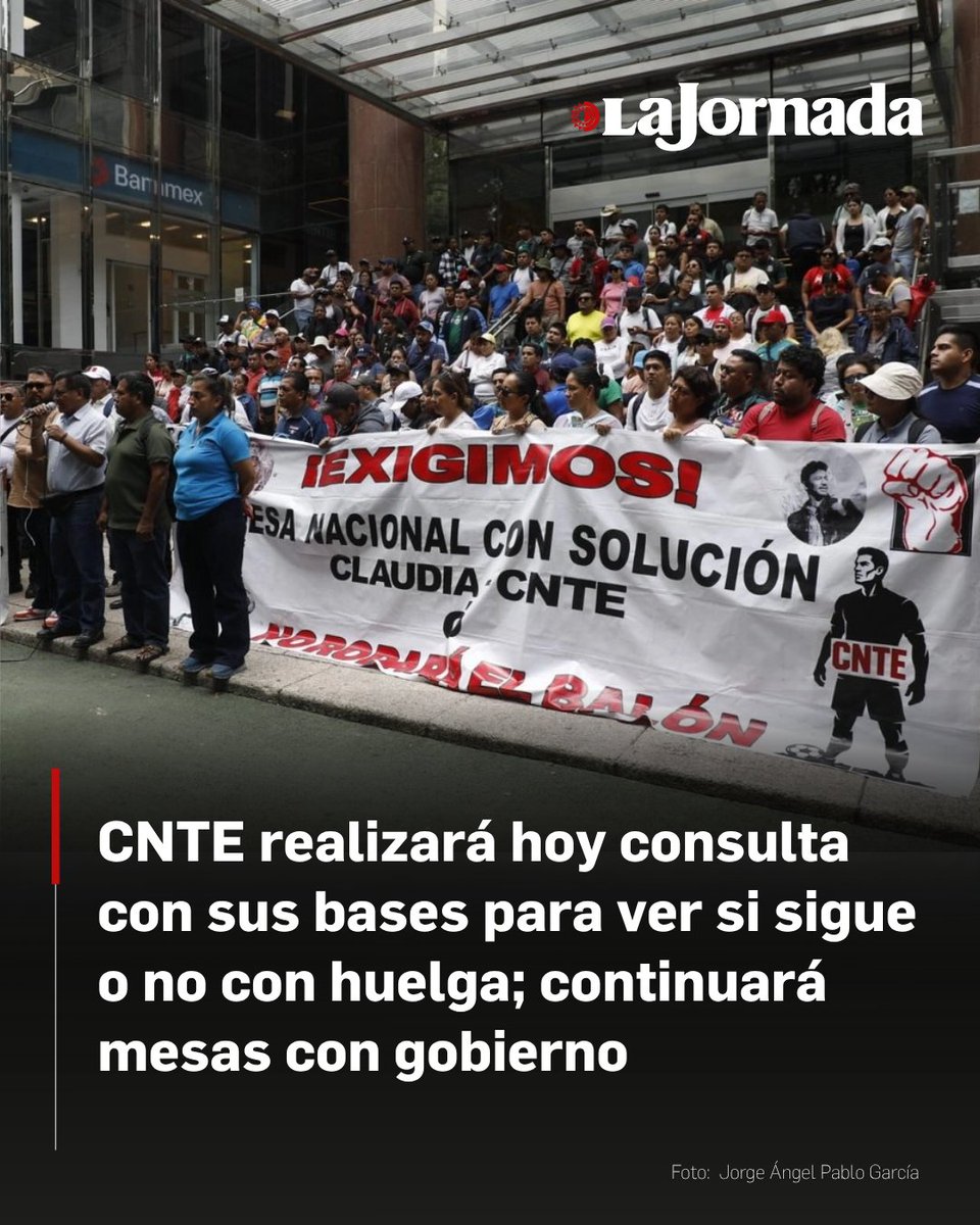 lajornadaonline's tweet photo. Profesores de la Coordinadora Nacional de Trabajadores de la Educación (CNTE) acordaron realizar hoy una consulta a la bases para definir si entrarán  en un receso o no de su huelga nacional. Además se aprobó continuar con las mesas temáticas propuestas por el gobierno federal.

Como parte de los resolutivos acordados esta madrugada en su Asamblea Nacional Representativa (ANR), se incluye el construir una nueva etapa de reorganización, sin renunciar a sus demandas centrales, entre ellas la abrogación de la Ley del Issste 2007, así como mantenerse en alerta máxima para vigilar el cumplimiento de lo acuerdos alcanzados en sus mesas tripartitas.

Más información en: https://t.co/9SULrSYUnv