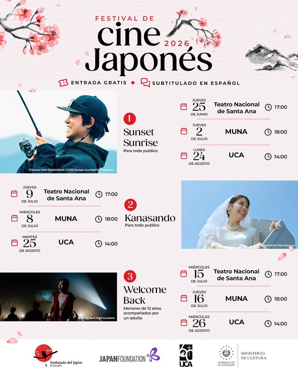JapanEmb_SV's tweet photo. 📽️🍿 ¡Llega el Festival de Cine Japonés 2026! 🇯🇵

🎟️ Entrada gratis
📌 Subtitulado en español

Disfruta de:
🎣 Sunset Sunrise
🧓 Kanasando
🥊 Welcome Back

Tres historias que te llevarán desde la pesca y la vida rural hasta los lazos familiares y la superación personal. https://t.co/GWV368ikKR