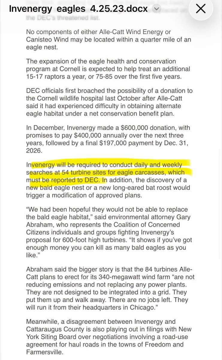 alex_fasulo's tweet photo. Here is your weekly reminder that Invenergy has admitted its Alle-Catt Wind complex in Western New York will kill an estimated 41 eagles in its lifespan.

In order to offset the eagle "carnage," New York is allowing the corporation to pay $2 million to @Cornell for mitigation.

Cornell is the same university that helped restructure our state's Mineral Soil Groups (MSGs) that downgrade what's considered prime USDA farmland.

Better yet, our state's @NYSDEC has a dead eagle carcass shipping protocol so you can send in those mangled bodies and receive your mitigation payout!

If 41 eagles will admittedly die at one wind complex (it's undoubtedly more than that), and ORES has permitted 8 wind complexes for NY to date, that's around 328 eagles that will die in the name of "renewable energy."

At this pace, eagles will go entirely extinct in New York State if something isn't done to defend our wildlife.

These are sick, sick people.
