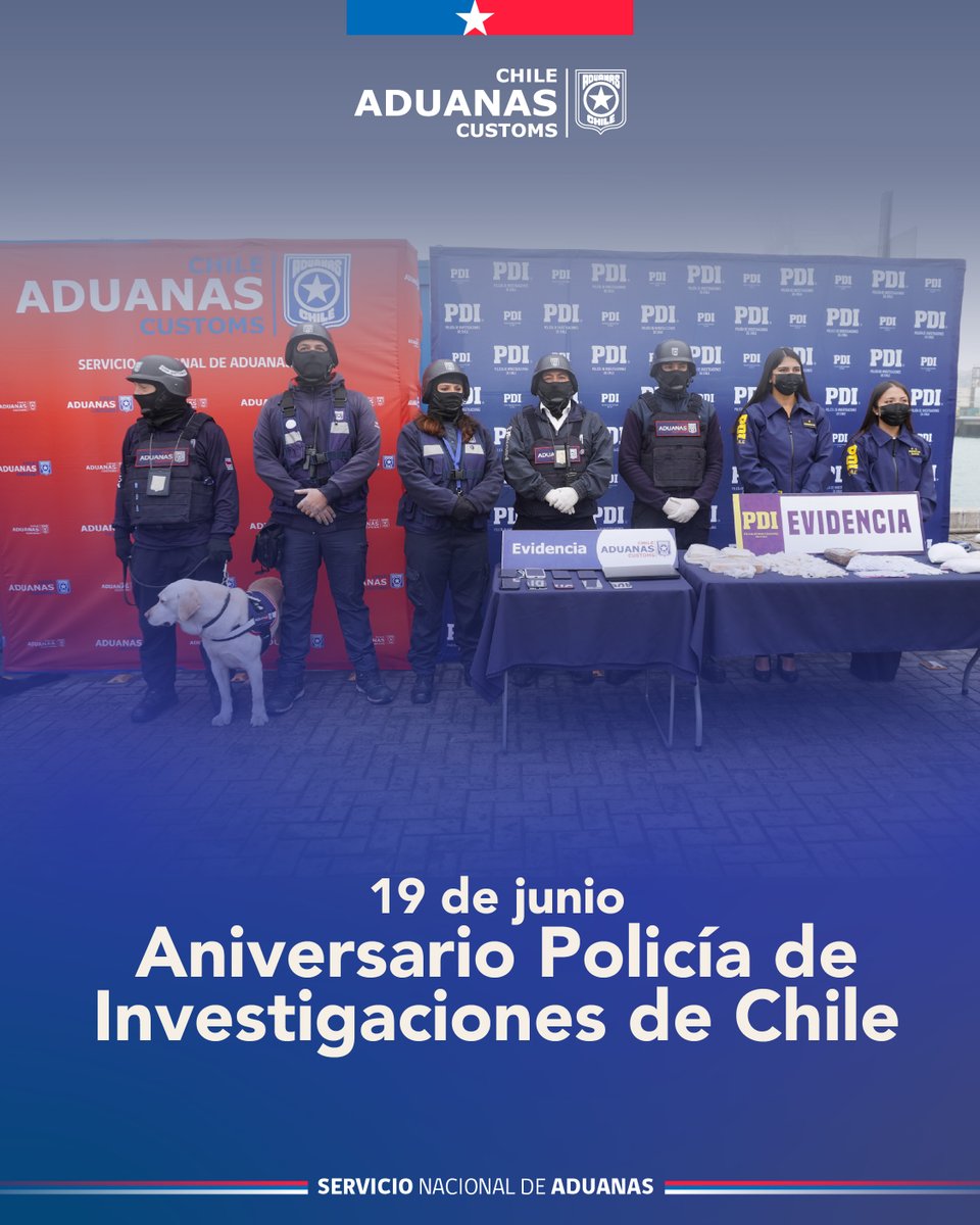 AduanaCL's tweet photo. 🔵 Al conmemorar sus 93 años de historia, saludamos con especial reconocimiento a la @PDI_CHILE y a quienes forman parte de esta importante institución, compartiendo la vocación por el servicio público y la protección de la ciudadanía. https://t.co/0YmRL82zqx