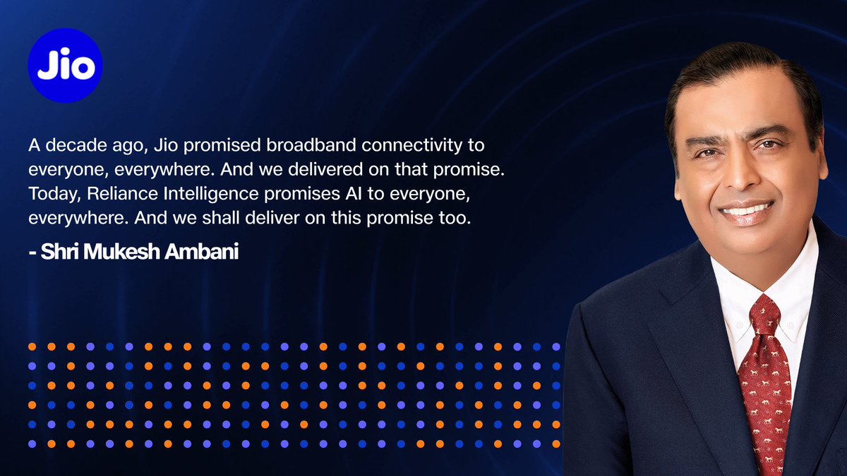 reliancejio's tweet photo. Shri Mukesh Ambani on how Reliance Intelligence will bring AI to everyone, everywhere, and invites the young Indian Engineers to come build for India.
 
#Jio #RILAGM2026 https://t.co/YyKDsNAU81
