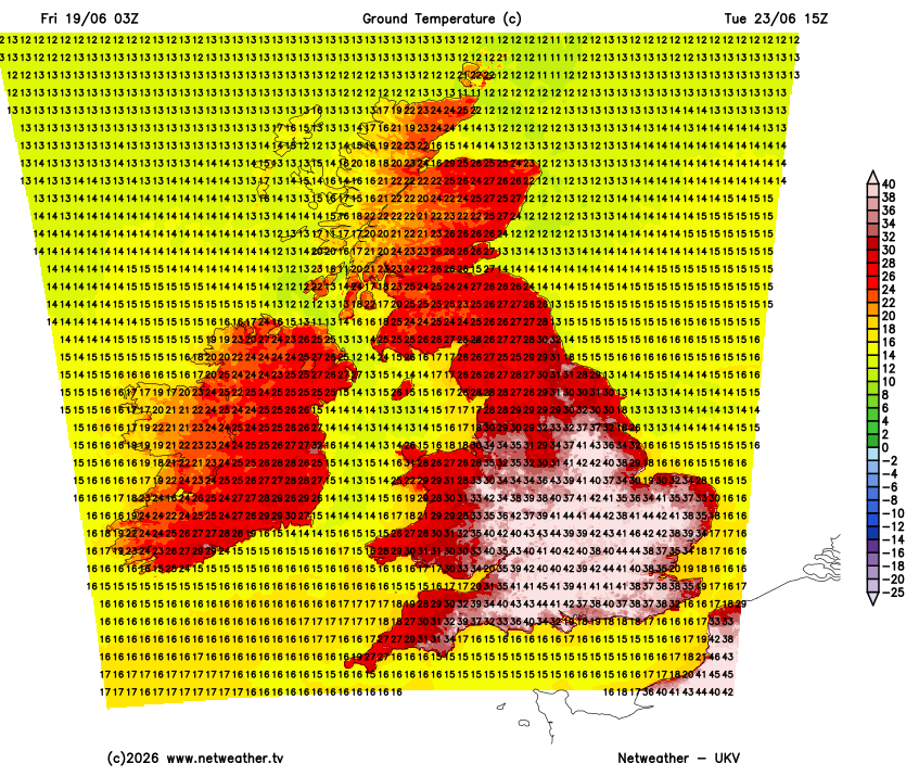 Met4CastUK's tweet photo. These are the expected GROUND temperatures on Tuesday, the surface is likely to get as high as 45C during this heatwave, more than hot enough to burn dogs paws. 

Only walk dogs either very early in the morning or during the late evening. https://t.co/9wFkabHcfW