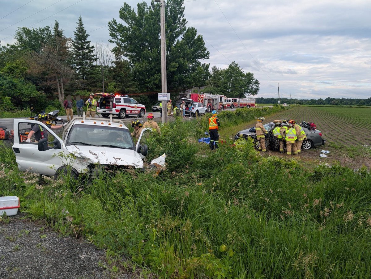 OttFire's tweet photo. Firefighters successfully extricated three patients from a serious two-vehicle collision this morning in Osgoode.

At approximately 7:26 a.m., the Ottawa Fire Services Communications Division received a call from our partners at @OttawaPolice requesting Firefighters respond to the intersection of Nixon Drive and Dalmeny Road for a serious collision involving a pickup truck and a sedan. Both vehicles had left the roadway and were in the ditch, with reports of possible injuries.

Firefighters arrived on scene three minutes after being dispatched and confirmed both vehicles had sustained heavy damage, were in the ditch, and had occupants trapped inside.

Crews quickly stabilized both vehicles and began the extrication process using specialized hydraulic tools. At 7:49 a.m., Firefighters completed extrications on both vehicles, safely removing one patient from the pickup truck and two patients from the sedan.

The scene was left in the control of @OttawaPolice for their investigation.

#OttNews