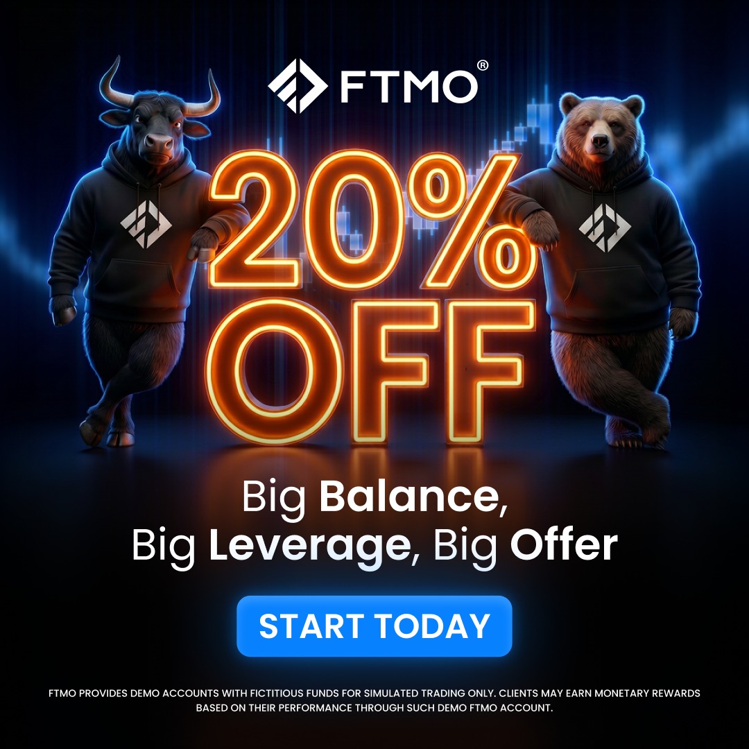 FTMO_com's tweet photo. Trade up to $200,000 simulated capital! Get 20% OFF your next FTMO Challenge. We built the stage, show your skills.