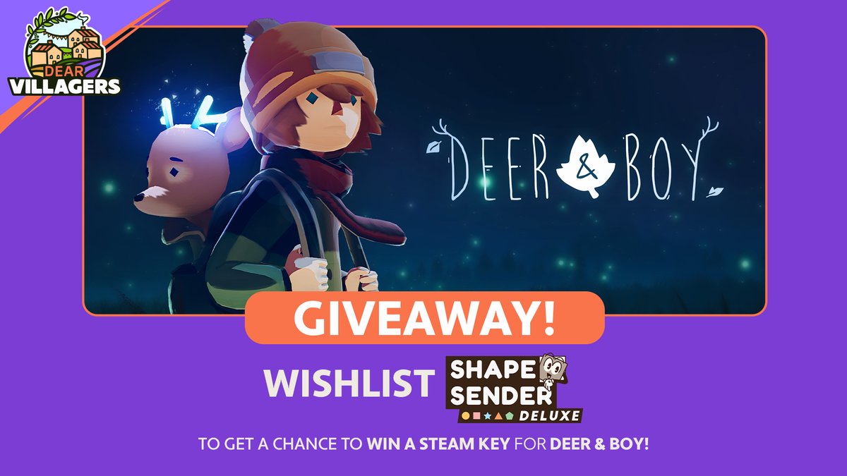 DearVillagers's tweet photo. Deer & Boy launches in just a few days, and your support has truly warmed our hearts! 🫶

To thank you all, we're hosting a little giveaway and introducing you to another indie gem from our team: Shape Sender Deluxe!

✅ Wishlist Shape Sender Deluxe for a chance to win one of 3 Deer & Boy keys.
✅ Post a screenshot of your wishlist below.
✅ We'll randomly pick 3 lucky winners.

Just don't upset @SendyCEO... he can get a little bossy!