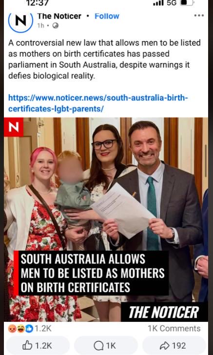 ABridgen's tweet photo. Men allowed to be listed as mothers ! 
Who voted for this nonsense in the Australian Parliament ? 
It’s actually another attack on women https://t.co/u3zUeLAJNS