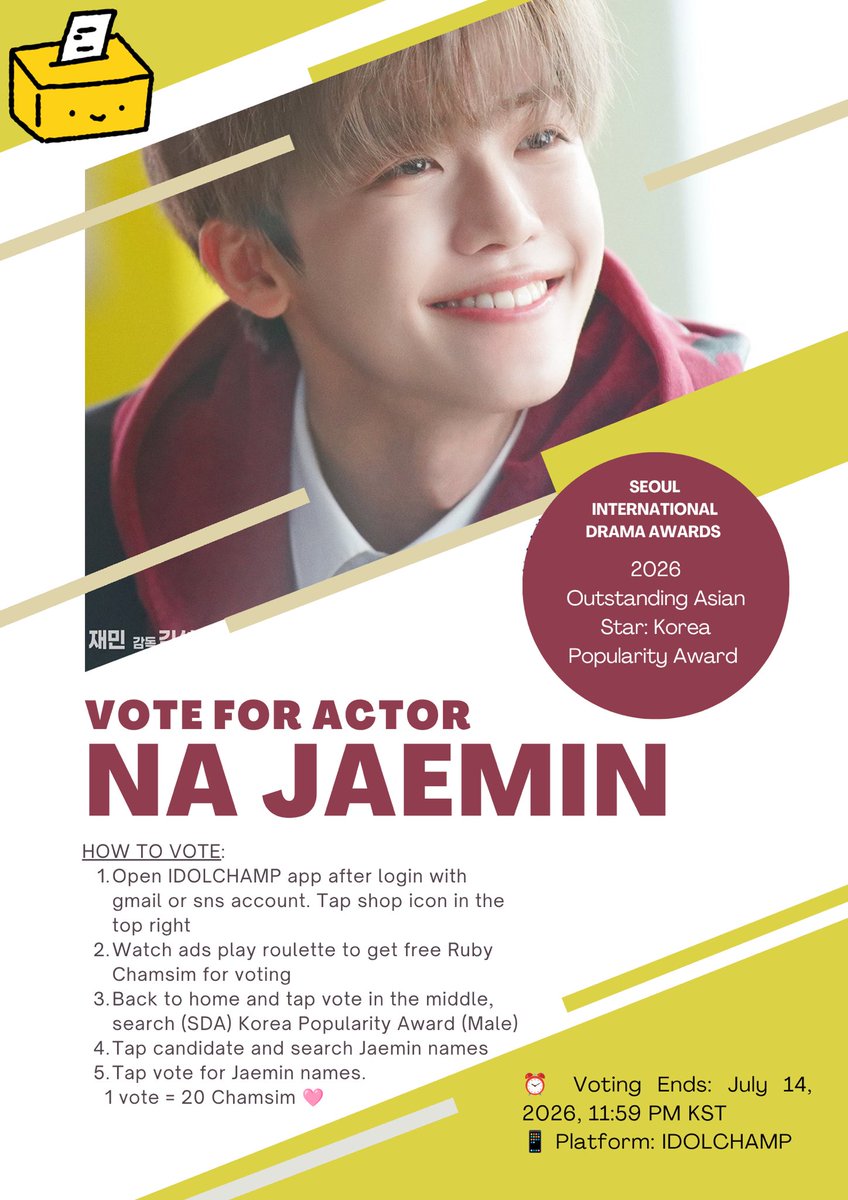hourlyjaeminn's tweet photo. 🏆 Let's work together and support actor Na Jaemin in the race for the Asian Star Award.

Jaemin's nomination for the 2026 Seoul International Drama Awards is a meaningful opportunity to recognize his growth as an actor and the impact he has made through Wind Up. As fans, we'd love to show him just how much support he has from people all around the world.

With the voting period ending exactly one month before his birthday, we hope this can become a special gift for him, a reminder that we'll always be here cheering him on and supporting every step of his journey.

💙 Here's how you can help:

📱 Vote daily on IDOLCHAMP (Tutorial as pic 1+2)
🔗https://t.co/tYWzel7zHu
Consistent daily voting can make a huge difference when thousands of fans come together.

💸 Donate to the Chinese fanbase voting fund via @RegulusJaemin (QR code for payment via Weidian, Wechatpay and Alipay info as pic 3)
If you're unable to vote regularly, donations can help strengthen our collective efforts and maximize Jaemin's chances.

If you're able to do both, even better!

Let's stay united, keep voting, and do our best to help actor Na Jaemin go even further.

⏰ Voting Ends: July 14, 2026, 11:59 PM KST
📱 Platform: IDOLCHAMP

Every vote matters. Every contribution matters. Thank you for supporting Na Jaemin.

#나재민 #JAEMIN #재민 #ジェミン 
#VoteforNAJAEMIN
