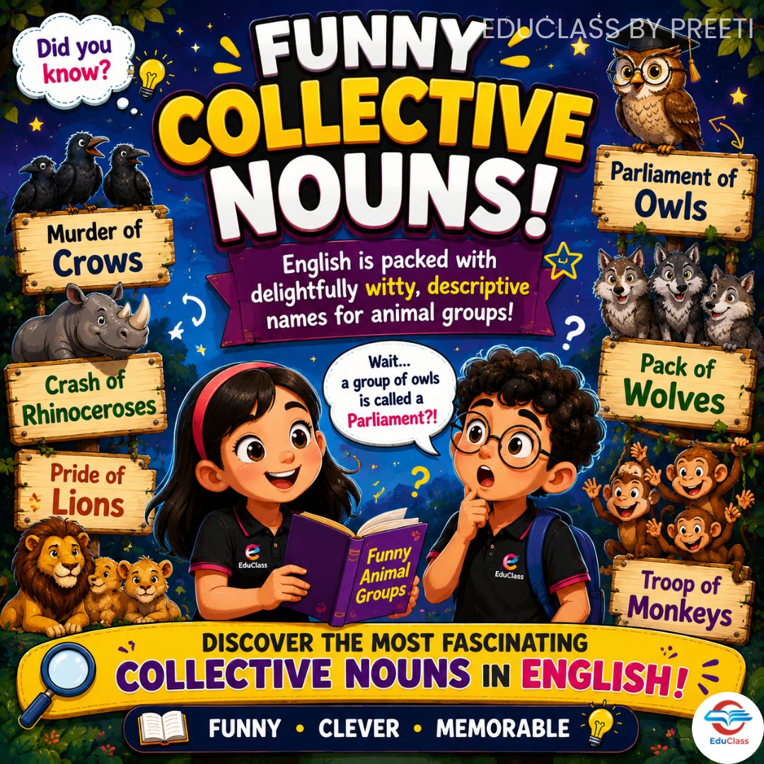preetip85125464's tweet photo. ✨ Discover the Most Fascinating Collective Nouns in English! 🦉🐼🦈🐒
Did you know that English has some delightfully witty names for animal groups?
#EduClass #EnglishLanguage #LanguageLearning #InstaEducation #LearnWithFun https://t.co/U8EYyAXDyY