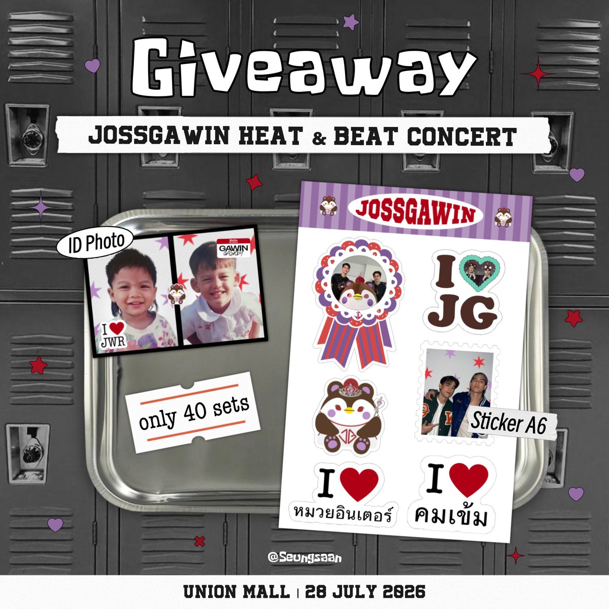 seungsaan's tweet photo. ♥️ 📢 . . 𝓰iveaway #JossGawinConcert >

• sticker A6 &amp; ID Photo only 40 sets naa !! •

📆date : Tue, 28/07
📍 location :  UNION MALL
time : TBA

อย่าลืมมารับน้องกันน้าทุกคน 🐻🐧

#jossgawin #Josswayar #Gawincaskey https://t.co/sTsMwsn61b
