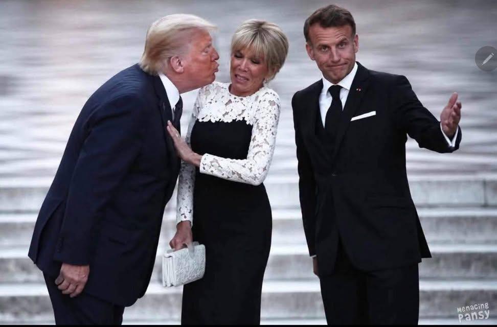 GeoRebekah's tweet photo. Illustration of France's first lady recoiling as Donald Trump tried to kiss her against her will, which is sexual assault. https://t.co/61HrEsyWuh