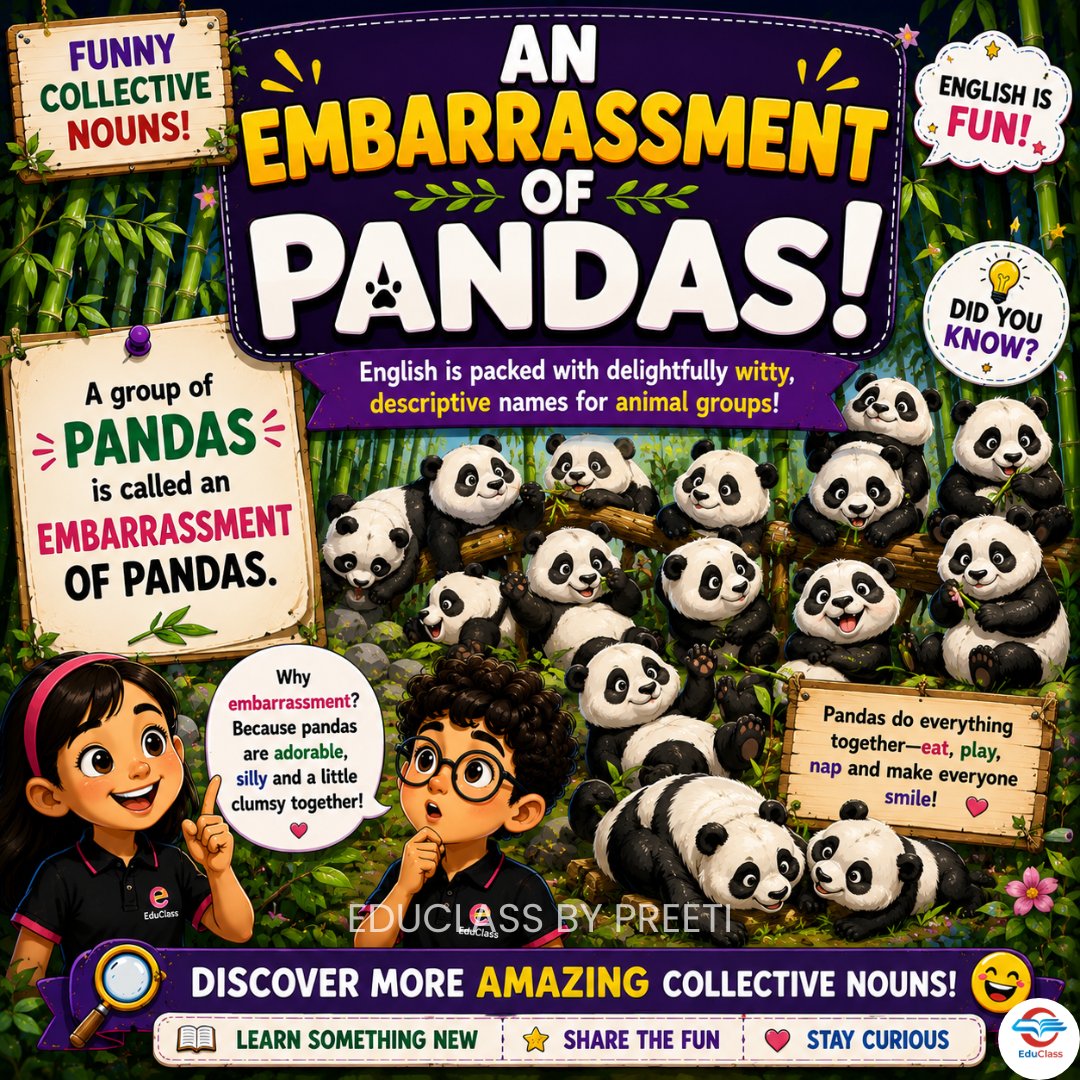 preetip85125464's tweet photo. ✨ Discover the Most Fascinating Collective Nouns in English! 🦉🐼🦈🐒
Did you know that English has some delightfully witty names for animal groups?
#EduClass #EnglishLanguage #LanguageLearning #InstaEducation #LearnWithFun https://t.co/CMusfoFOzV