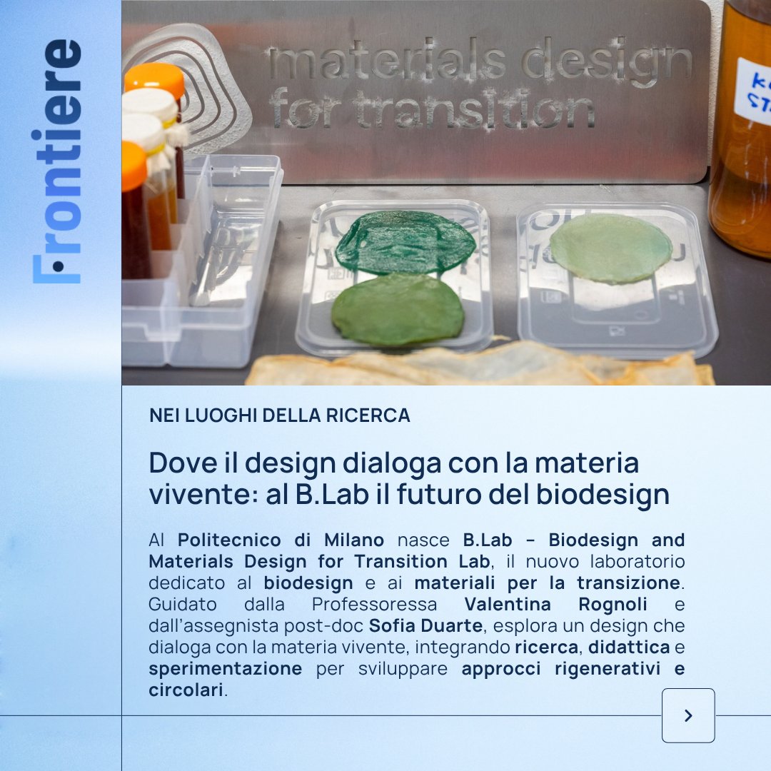 polimi's tweet photo. Biodesign is transforming the way design engages with living matter. Within B.Lab, research and experimentation come together to rethink materials, processes, and relationships between species and ecosystems.

Read the full article on Frontiere: https://t.co/IaJ6E5USU3

#PolimiResearch