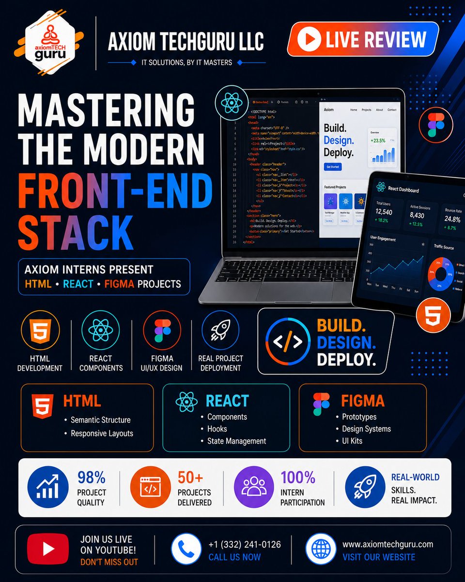 AxiomTechGuru's tweet photo. 🚀 Mastering the Modern Front-End Stack!

Watch Axiom Interns present real-world projects built with HTML, React &amp; Figma.

💻 Build
🎨 Design
🚀 Deploy

Join us live and explore modern front-end development in action.
#ReactJS #FrontendDevelopment #HTML #Figma #WebDevelopment https://t.co/a7h2wR3ho1