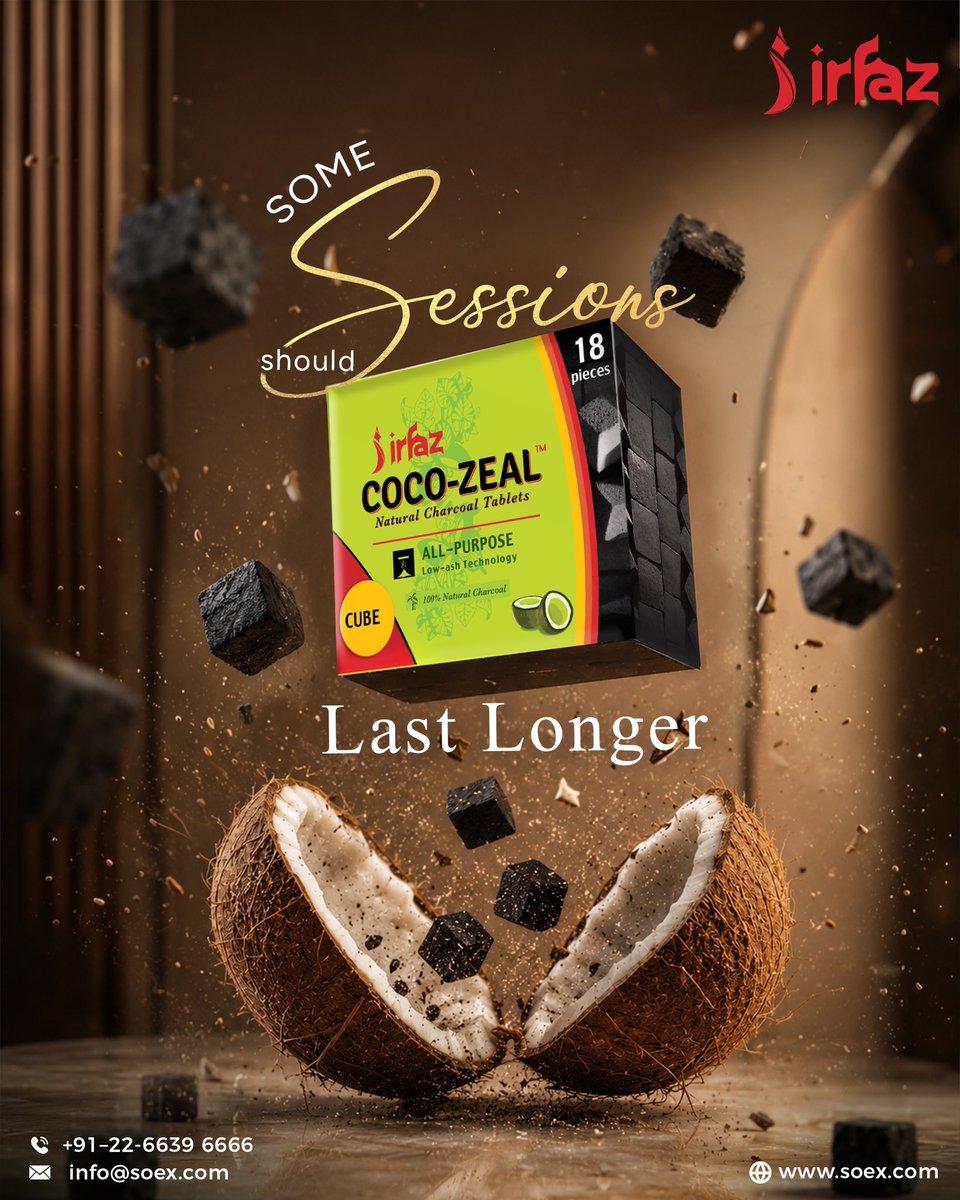Soex_india's tweet photo. The best sessions don't end early and neither does Coco-Zeal.  100% natural coconut charcoal, low-ash technology, consistent heat from the first cube to the last.

#AfzalWorldwide #Afzal #AfzalFlavors #Soex #Lifestyle #VibeWithUs #TasteTheGoodLife #Charcoal https://t.co/niIdky20AF