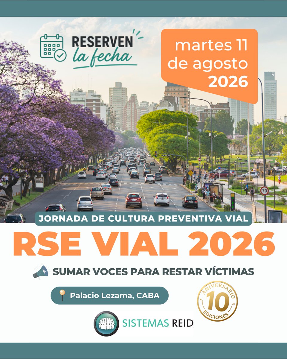 SistemasReid's tweet photo. 📣10 ediciones de RSE Vial

🎉En 2026 celebraremos una edición especial de este espacio de encuentro, aprendizaje e intercambio de experiencias que promueve la cultura preventiva y la seguridad vial.

📌 Reservá la fecha
 📅 Martes 11 de agosto de 2026
 📍 Palacio Lezama, CABA https://t.co/5Q9f2qnljB