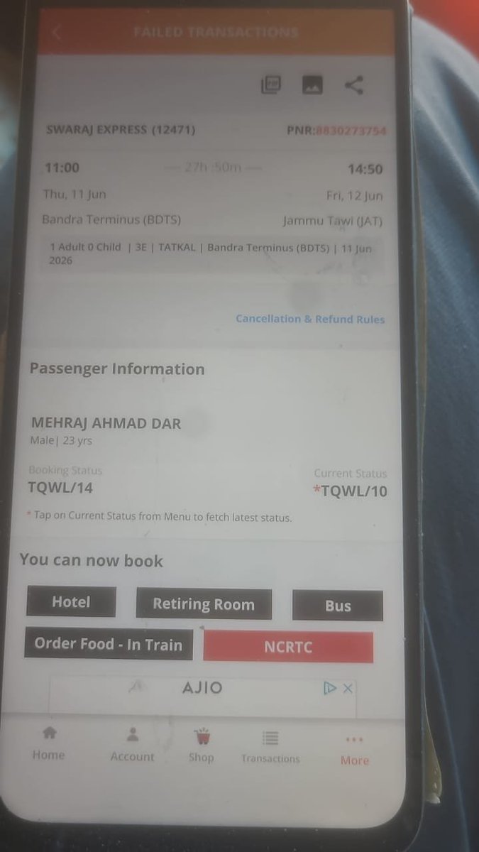 shahid_sof2008's tweet photo. Train in a cancel kar diya hai 
Abhi tak iska refund nahin aaya
@IRCTCofficial https://t.co/PTz2Q1eZC9