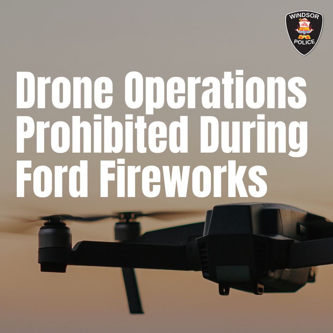 WindsorPolice's tweet photo. For the safety of attendees, emergency responders, and aircraft operating in the area, unauthorized drone operations are prohibited during the Ford Fireworks this upcoming Monday, June 22.

Under Canadian Aviation Regulations, drones cannot be flown at advertised outdoor events without the appropriate Transport Canada authorization.

Drone operators will be subject to enforcement action and significant fines, and may be required by police to produce their drone, pilot credentials, and related documentation for inspection under the Canadian Aviation Regulations.

Help keep the skies safe and leave your drone at home while enjoying the show.