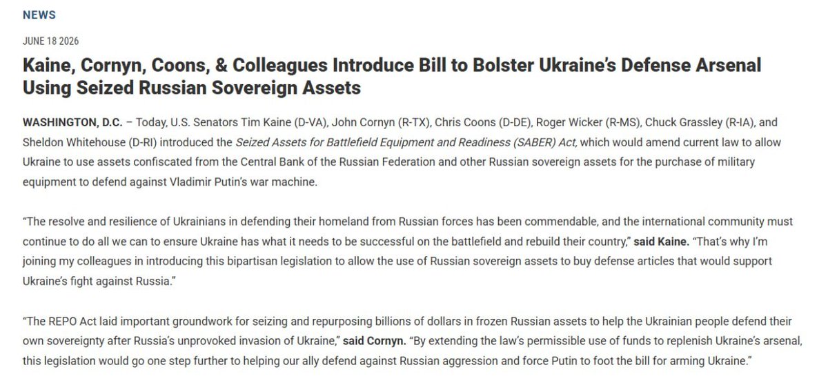 wartranslated's tweet photo. US senators proposed using frozen Russian assets to buy weapons for Ukraine. The bipartisan SABER bill would let Kyiv use confiscated Russian assets to strengthen its military. About $4-5 billion of the estimated $300 billion in frozen Russian assets are under US control. https://t.co/5HIp83WPkV
