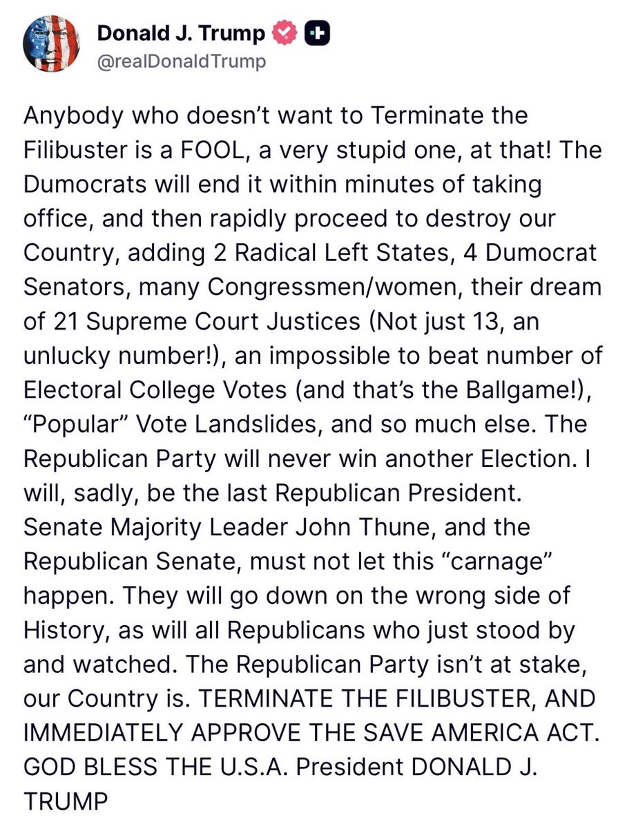 WellsJorda89710's tweet photo. 🚨 BREAKING: President Trump just stunned America by calling out John Thune — DEMANDING he TERMINATE the Filibuster IMMEDIATELY to pass the SAVE America Act!

THUNE IS A RINO TRAITOR blocking America First priorities.
If Thune doesn’t deliver and kill the filibuster NOW, he should be PRIMARIED and replaced with a real fighter for the people.

TICK TOCK, John… The base is watching. No more excuses. Deliver or get primaried. 🇺🇸
#Trump2028 #KillTheFilibuster #PrimaryThune #RINOThune #AmericaFirst #SaveAmericaAct #MAGA #TrumpDemandsAction #DrainTheSwamp