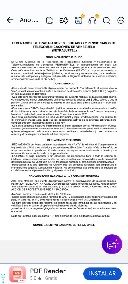 FNLCT's tweet photo. #19Junio
@CUTV_Venezuela y @FNLCT Apoyamos la justa y necesaria movilización de los jubilados, pensionados y sobrevivientes de #CANTV, despojados del bono "Complemento al Ingreso Mínimo Vital" 200 $ que son más del 70 % del ingreso mensual que perciben.
✊¡Unidos venceremos! https://t.co/EprRk7fNP8