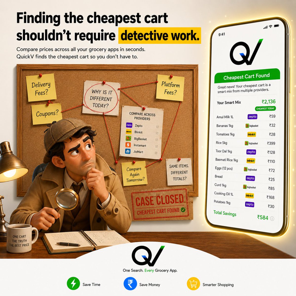 quickvapp's tweet photo. QuickV does the detective work for you.
Compare prices across apps, find the cheapest cart, and save money in seconds.

#QuickV #blinkit #zepto #instamart

All figures are illustrative, check QuickV for accurate details. https://t.co/xog6pX2npO
