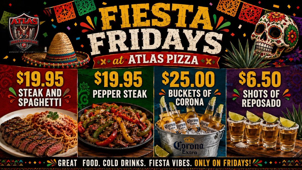 AtlasPizza1's tweet photo. Fiesta Fridays are heating up at Atlas Pizza π₯
$25 Buckets of Corona π»
$6.50 Reposado Shots π₯
$19.95 Pepper Steak OR Steak & Spaghetti ππ₯©
Start the weekend properly
#FiestaFriday #AtlasPizza #CalgaryEats #YYCFood #CoronaBuckets https://t.co/aLUtvTQnvy