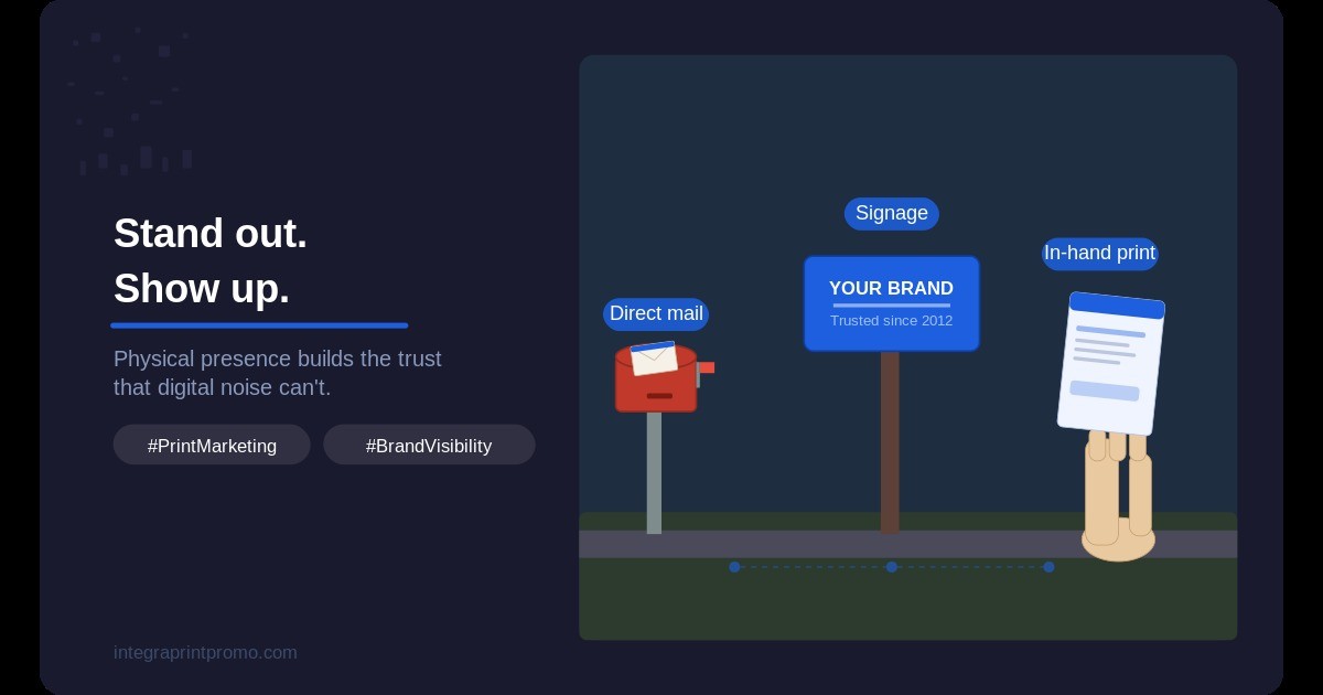 IntegraPrinting's tweet photo. Most brands fight for attention online. The ones that stand out also show up offline — in mailboxes, on signs, and in people's hands. Physical presence builds trust. #PrintMarketing #BrandVisibility https://t.co/hLUhYDXdGm