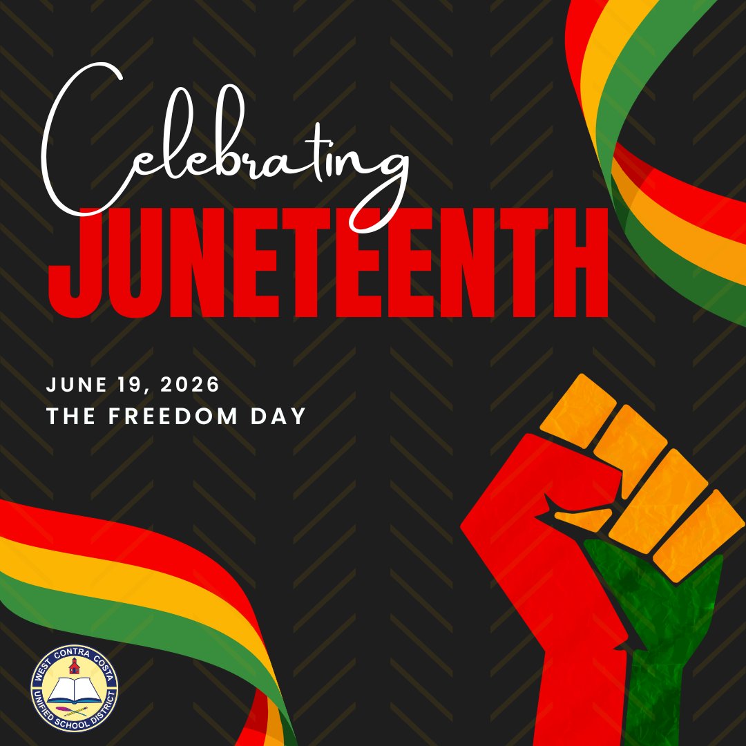 WCCUSD's tweet photo. ❤️🖤💚 Happy Juneteenth! ❤️🖤💚
Today, we commemorate Juneteenth, a celebration of freedom, resilience, and the ongoing pursuit of equality. 
#Juneteenth https://t.co/ALSImTRHaw