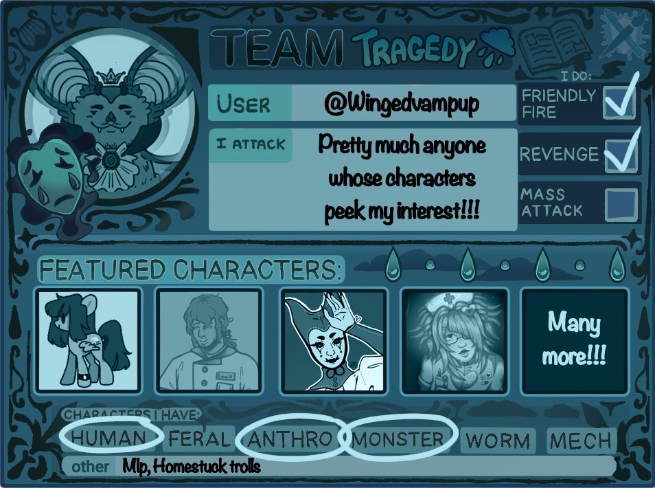 WingedVamPup's tweet photo. My Art Fight card is finally done! 💧🩵
Team Tragedy this year ✨
I've got monsters, anthros, trolls, and plenty of weird little creatures ready for battle. Feel free to attack me if any of them catch your eye 👀
#ArtFight2026 #TeamTragedy #ArtFight https://t.co/nCDcvPjba3