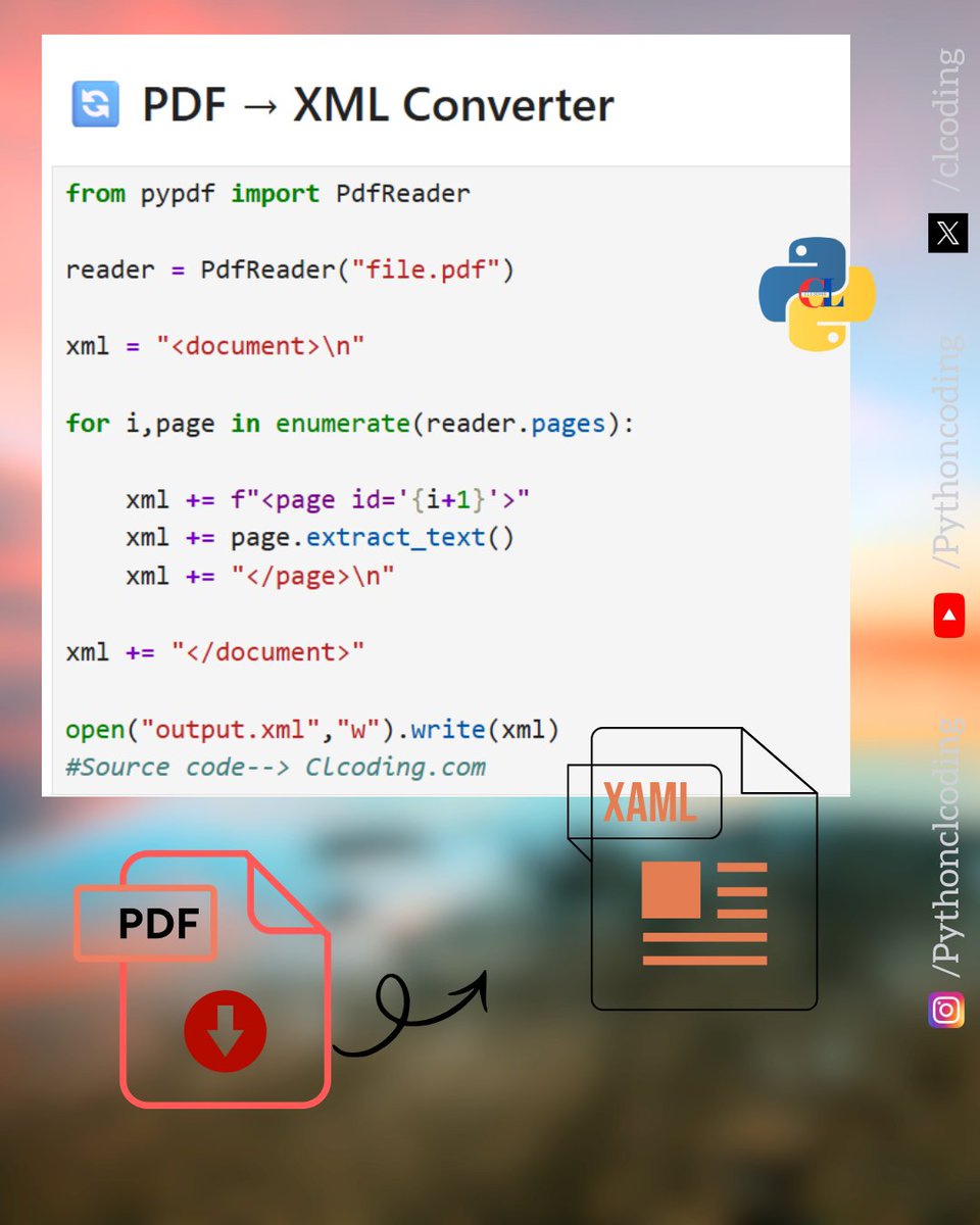clcoding's tweet photo. 🔄 PDF →  XML Converter in Python https://t.co/rLRwNRx8ZE