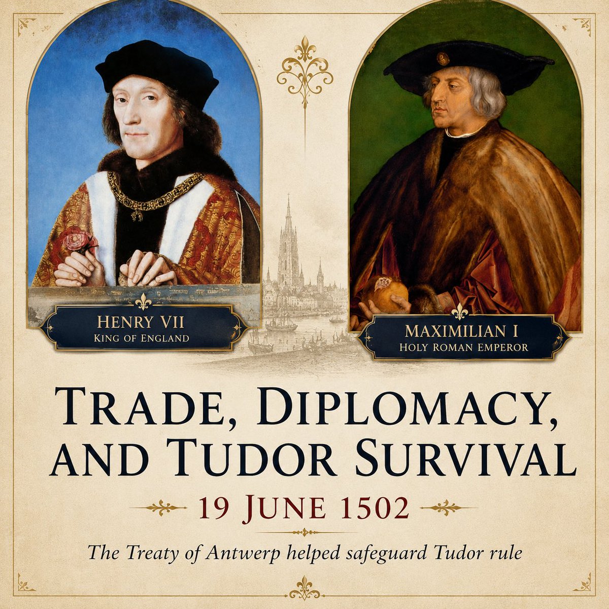 _alltudors's tweet photo. On 19 June 1502, Henry VII concluded the Treaty of Antwerp, an agreement between England and the Low Countries, which also advanced one of the king’s most important political goals: the suppression of Yorkist threats to the Tudor dynasty.

Read more on IG! @ allthingstudors https://t.co/XhMpNwFT3x