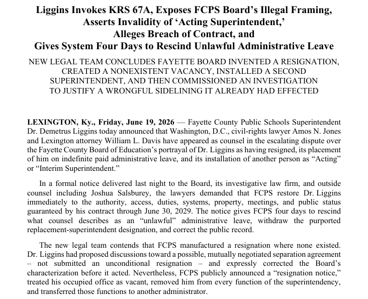MarioAndersonTV's tweet photo. #INBOX | D.C.-based attorney Amos Jones of the Amos Jones Law Firm is representing Fayette County Public Schools Superintendent Demetrus Liggins in his dispute with the school board. The legal team issued a press release demanding FCPS reinstate Liggins within four days. https://t.co/vF9xVEq1fO