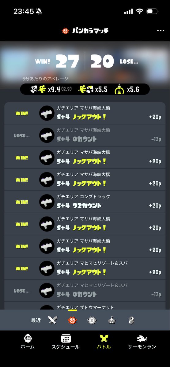 nomio_spl's tweet photo. 一人で対抗戦後意識して潜ってたら余裕で勝てるようになった。スランプ脱却か。 https://t.co/zMK4KFeXf5
