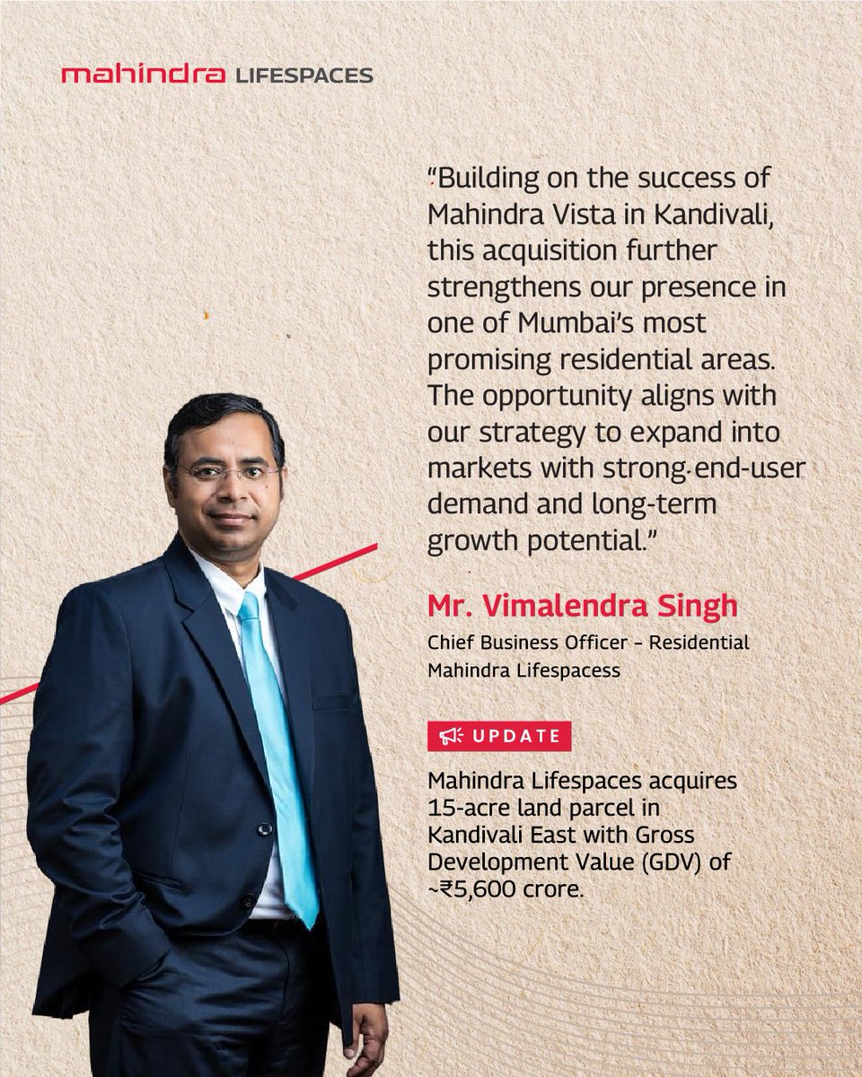 life_spaces's tweet photo. We are excited to announce the acquisition of a 15-acre land parcel strategically located in Kandivali East. With excellent connectivity to the Western Express Highway and existing metro corridors, the upcoming Borivali–Thane Twin Tunnel, and well-established social infrastructure, the area continues to witness strong residential absorption driven by end-user demand.

Learn more at https://t.co/L8lgqbl1PC

#MahindraLifespaces #HomeOfPositiveEnergy #News