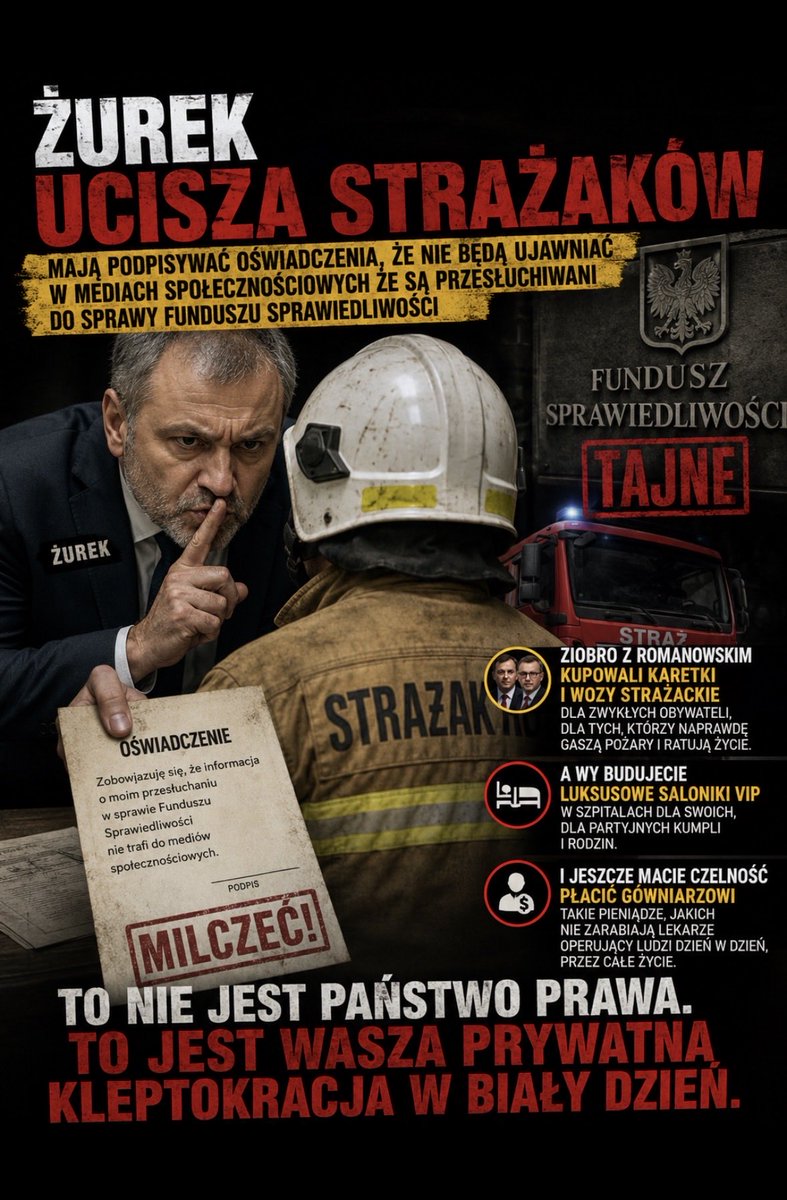 JackStrongPL's tweet photo. Nasz News: Żurek, Korneluk, dlaczego, przesłuchując kolejne dziesiątki strażaków, zmuszacie ich do podpisywania haniebnych oświadczeń, że informacja o waszych przesłuchaniach nigdy nie trafi do mediów społecznościowych?
Czego tak desperacko się boicie, przestępcy? Że prawda wyjdzie na jaw? Że wrócimy i rozliczymy was do końca za prześladowanie ludzi?
Ziobro z Romanowskim kupowali karetki i wozy strażackie dla zwykłych obywateli, dla tych, którzy naprawdę gaszą pożary i ratują życie.
A wy? Budujecie luksusowe saloniki VIP w szpitalach dla swoich, dla partyjnych kumpli i rodzin. I jeszcze macie czelność płacić gówniarzowi z młodzieżówki takie pieniądze, jakich nie zarabiają lekarze operujący ludzi dzień w dzień!