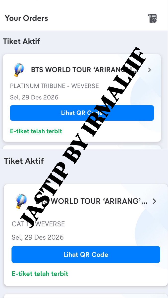 irmaliif's tweet photo. TESTIMONI
PROOF

JASTIP TIKET

BTS WORLD TOUR 'ARIRANG' IN JAKARTA ADD SHOW

Weverse (PRESALE)
Platinum Tribune - 4 tix D-3 ✅
Cat 1 - 2 tix D-3 ✅
Cat 3 - 4 tix D-3 ✅

Total 10 tix Day 3 🔥🔥

By Irmaliif https://t.co/AE0SAgfeda