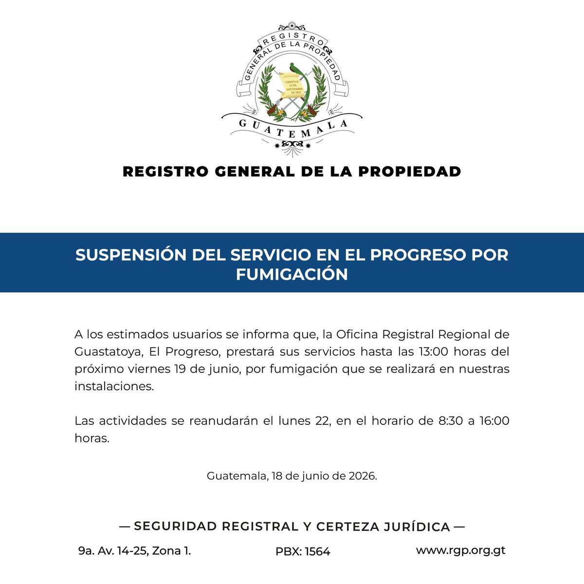 RGP_gt's tweet photo. Aviso importante. 

#rgp 
#elprogreso 
#rgp_gt https://t.co/daekyisH5l