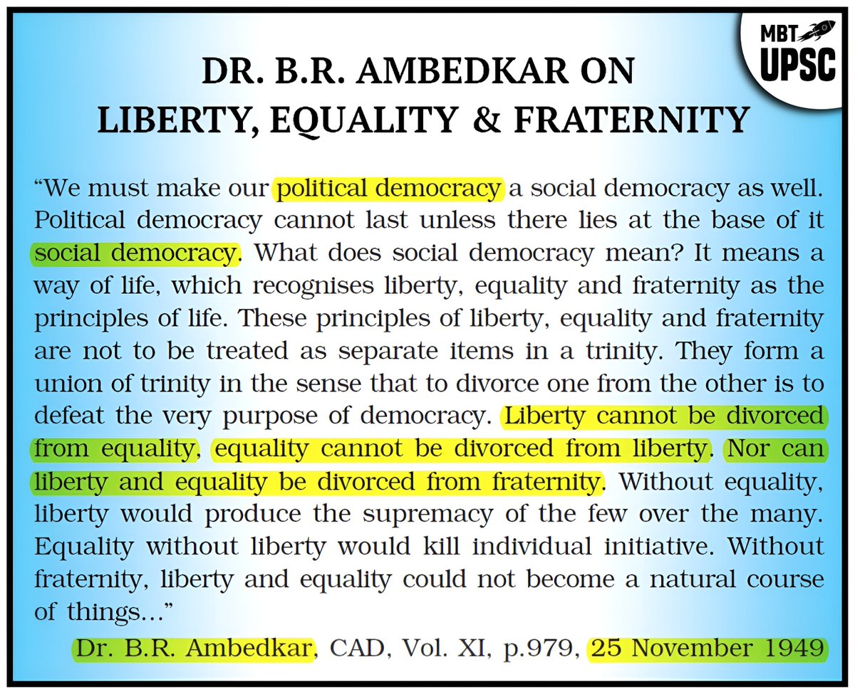 mbtupsc's tweet photo. 𝐏𝐎𝐋𝐈𝐓𝐘

DR. B.R. AMBEDKAR ON LIBERTY, EQUALITY &amp; FRATERNITY

𝐅𝐨𝐥𝐥𝐨𝐰: @mbtupsc
𝐓𝐞𝐥𝐞𝐠𝐫𝐚𝐦: https://t.co/vunD2m50aC https://t.co/zlcj0yAkeq
